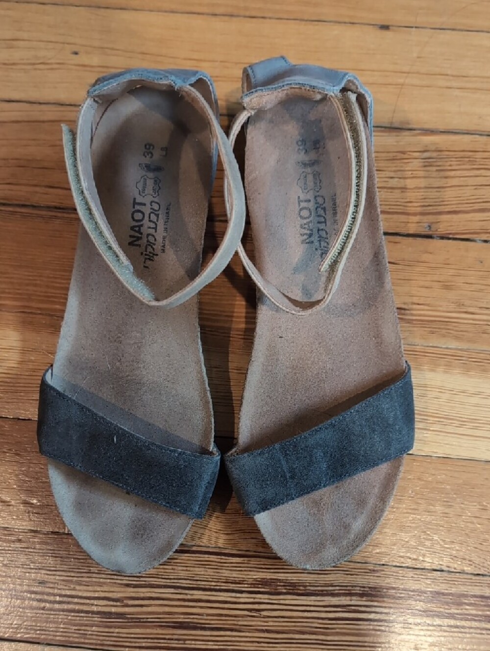 Naot Pixie Tri-Tone Suede Ankle-Strap Sandals in Gray and Light Blue And Silver